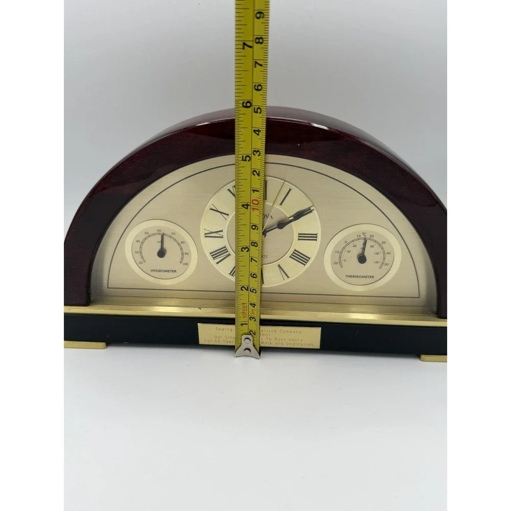Bulova Mantel Clock Quartz Wood Brass Hygrometer Thermometer Engraved